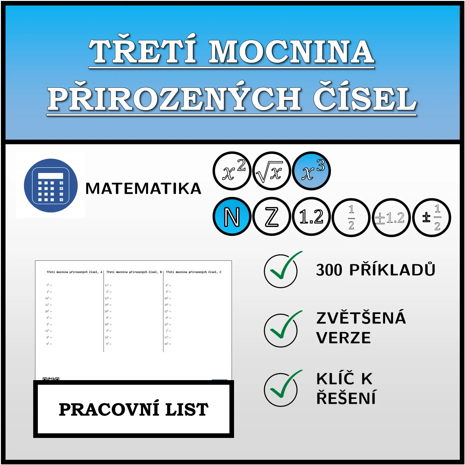 Pracovní list: Třetí mocnina přirozených čísel