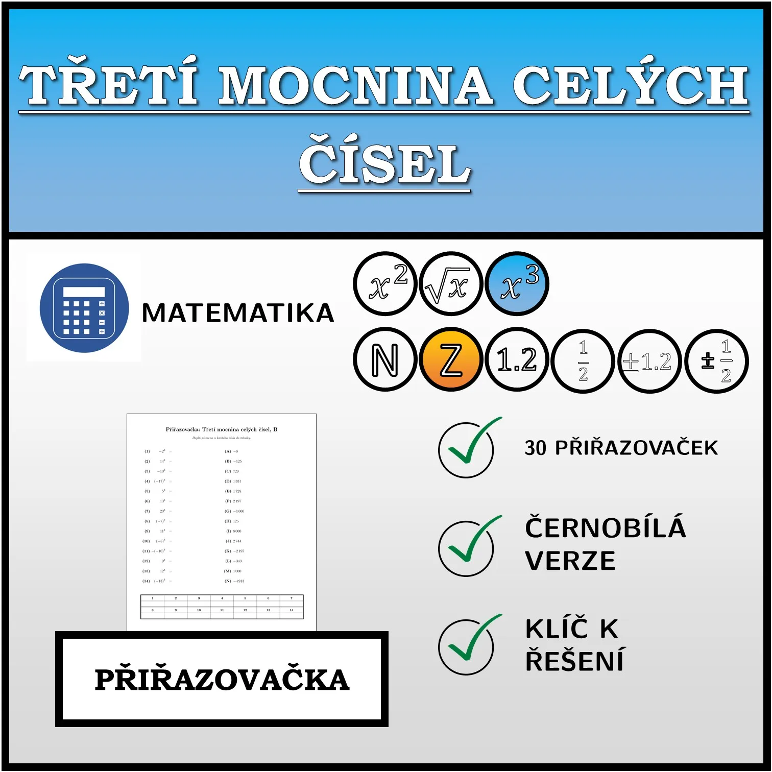 Přiřazovačka: Třetí mocnina celých čísel