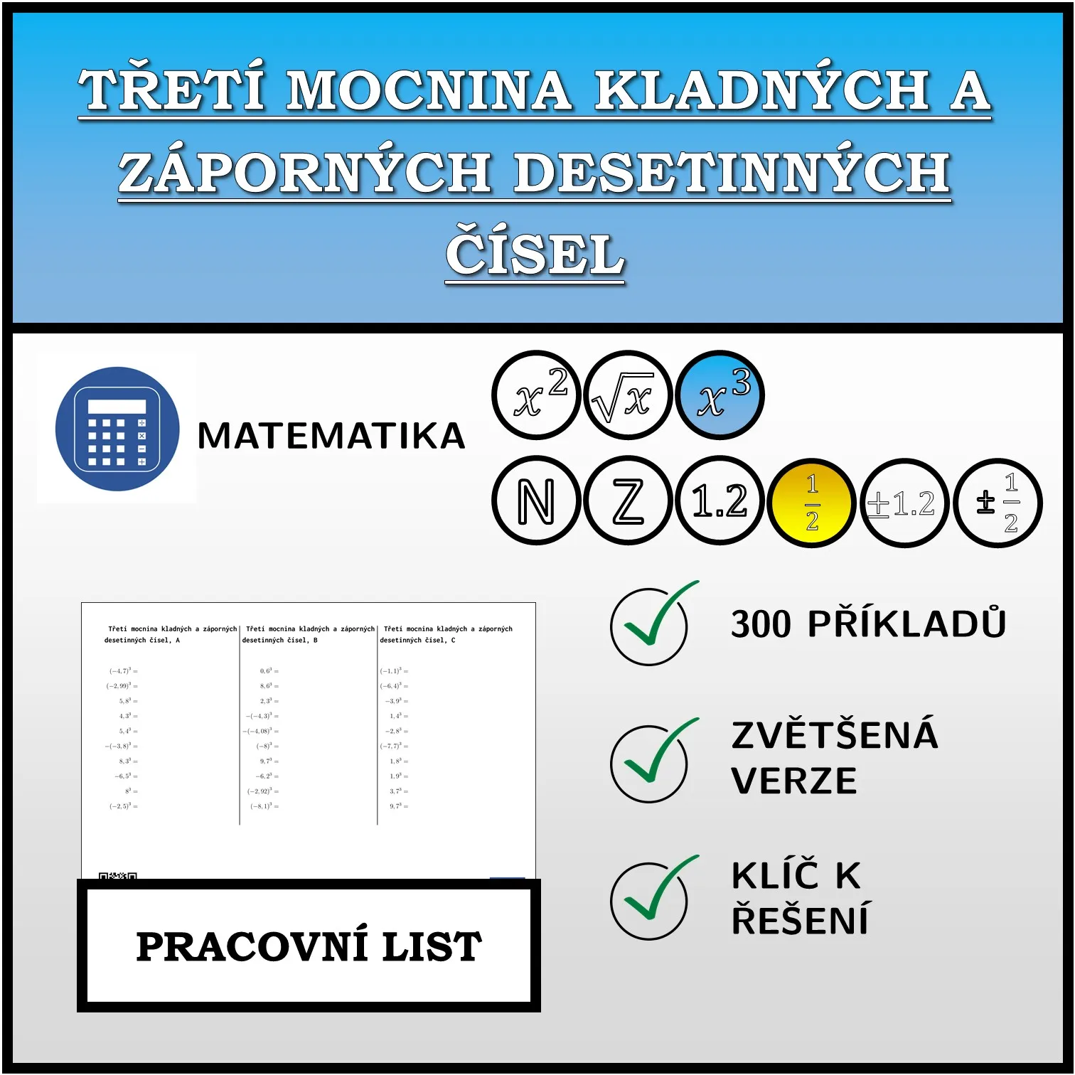 Pracovní list: Třetí mocnina kladných a záporných desetinných čísel