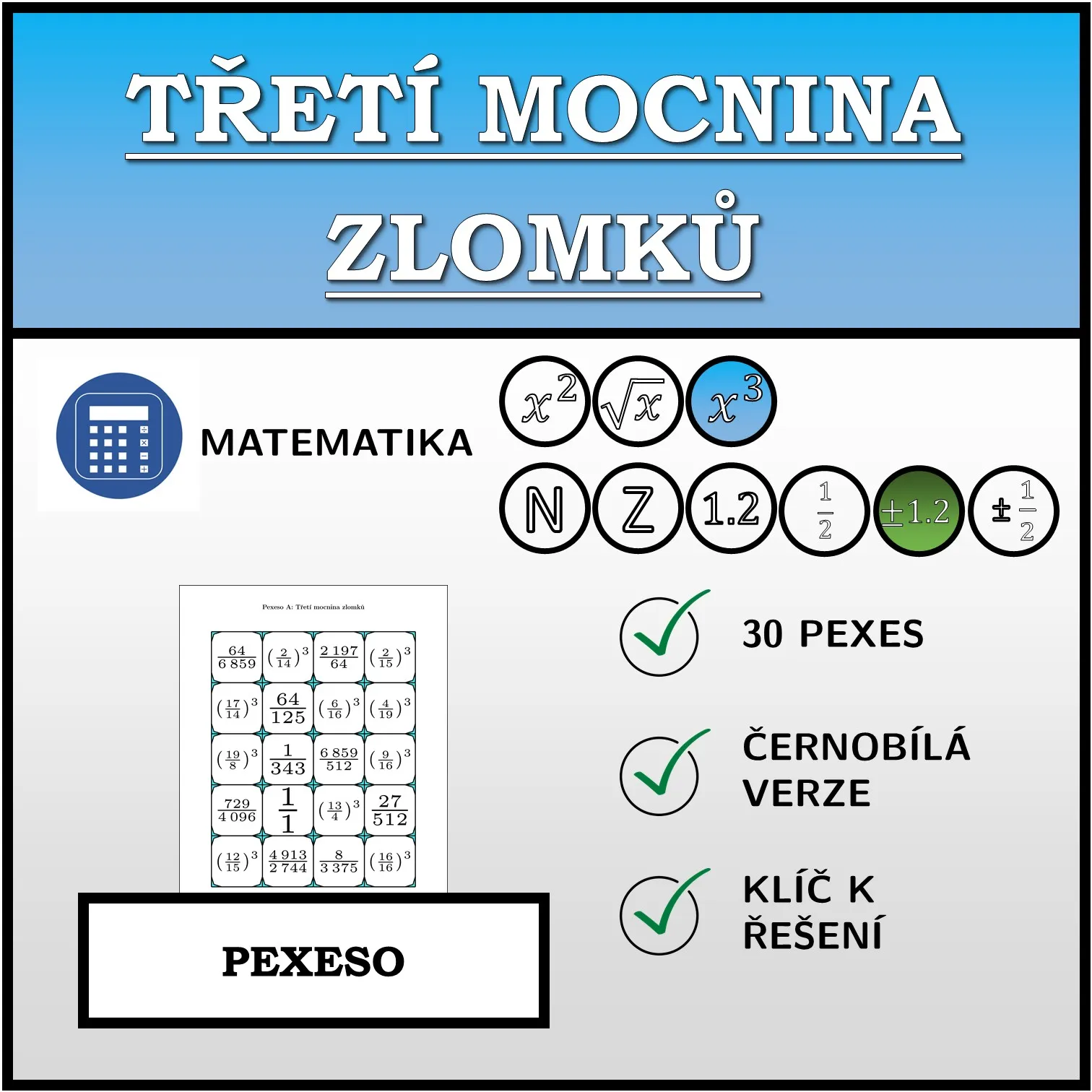 Pexeso: Třetí mocnina zlomků