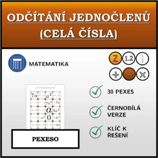 Pexeso: Odčítání jednočlenů (celá čísla)
