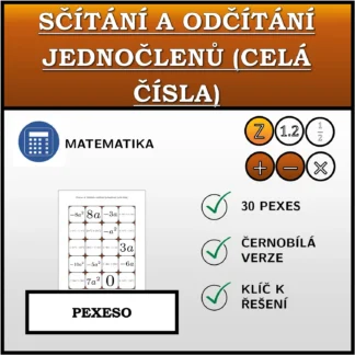 Pexeso: Sčítání a odčítání jednočlenů (celá čísla)
