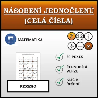Pexeso: Násobení jednočlenů (celá čísla)