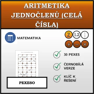 Pexeso: Aritmetika jednočlenů (celá čísla)