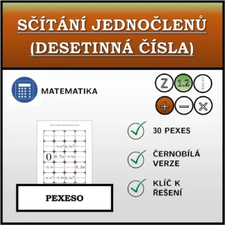 Pexeso: Sčítání jednočlenů (desetinná čísla)