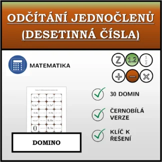 Domino: Odčítání jednočlenů (desetinná čísla)