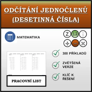 Pracovní list: Odčítání jednočlenů (desetinná čísla)