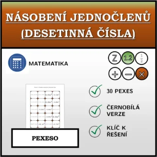 Pexeso: Násobení jednočlenů (desetinná čísla)