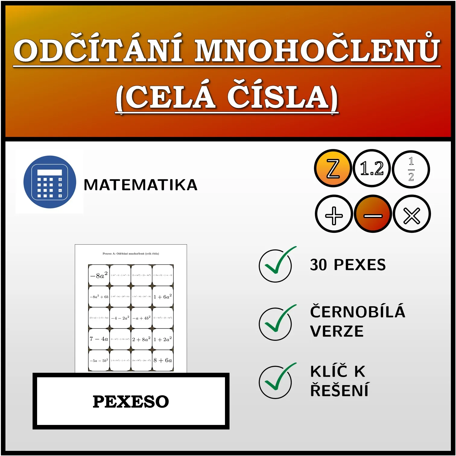 Pexeso: Odčítání mnohočlenů (celá čísla)