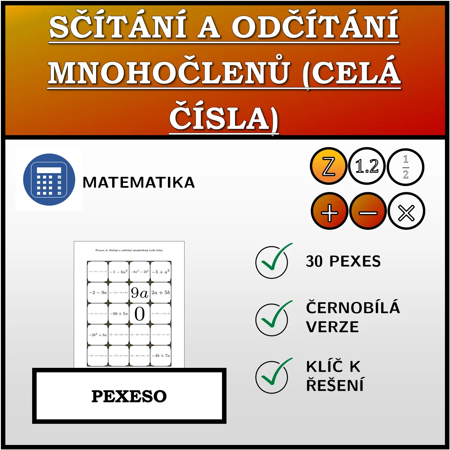 Pexeso: Sčítání a odčítání mnohočlenů (celá čísla)