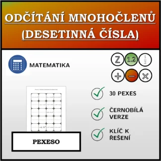 Pexeso: Odčítání mnohočlenů (desetinná čísla)