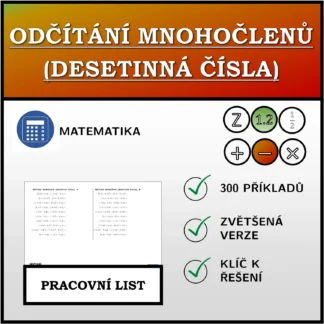 Pracovní list: Odčítání mnohočlenů (desetinná čísla)