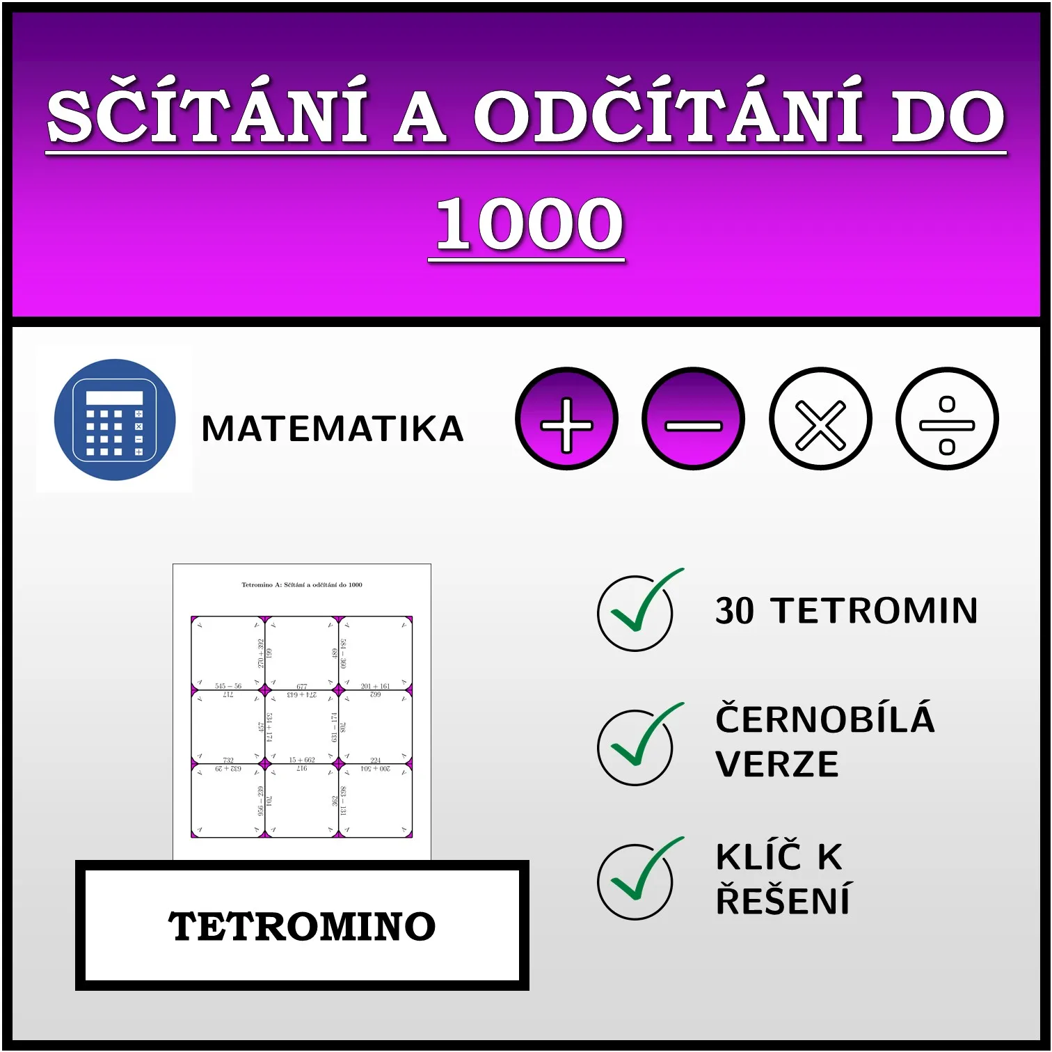 Tetromino: Sčítání a odčítání do 1000