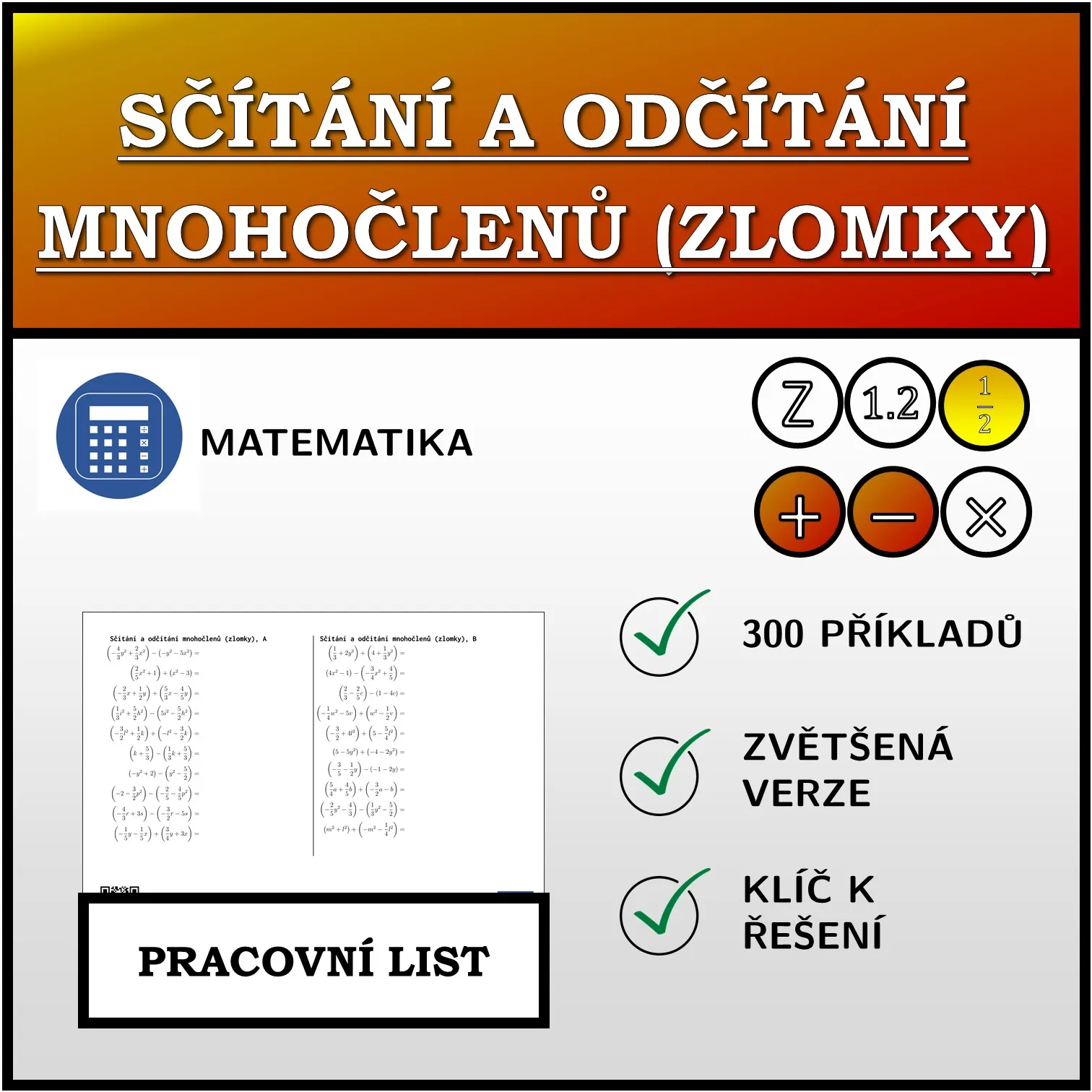 Pracovní list: Sčítání a odčítání mnohočlenů (zlomky)