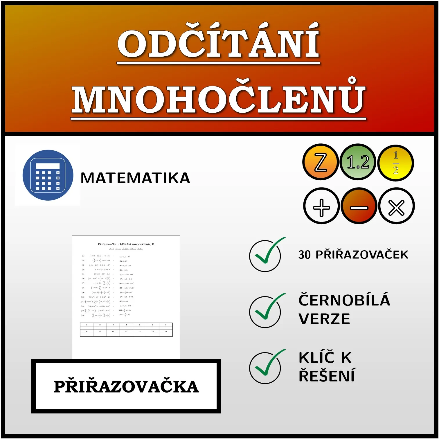 Přiřazovačka: Odčítání mnohočlenů