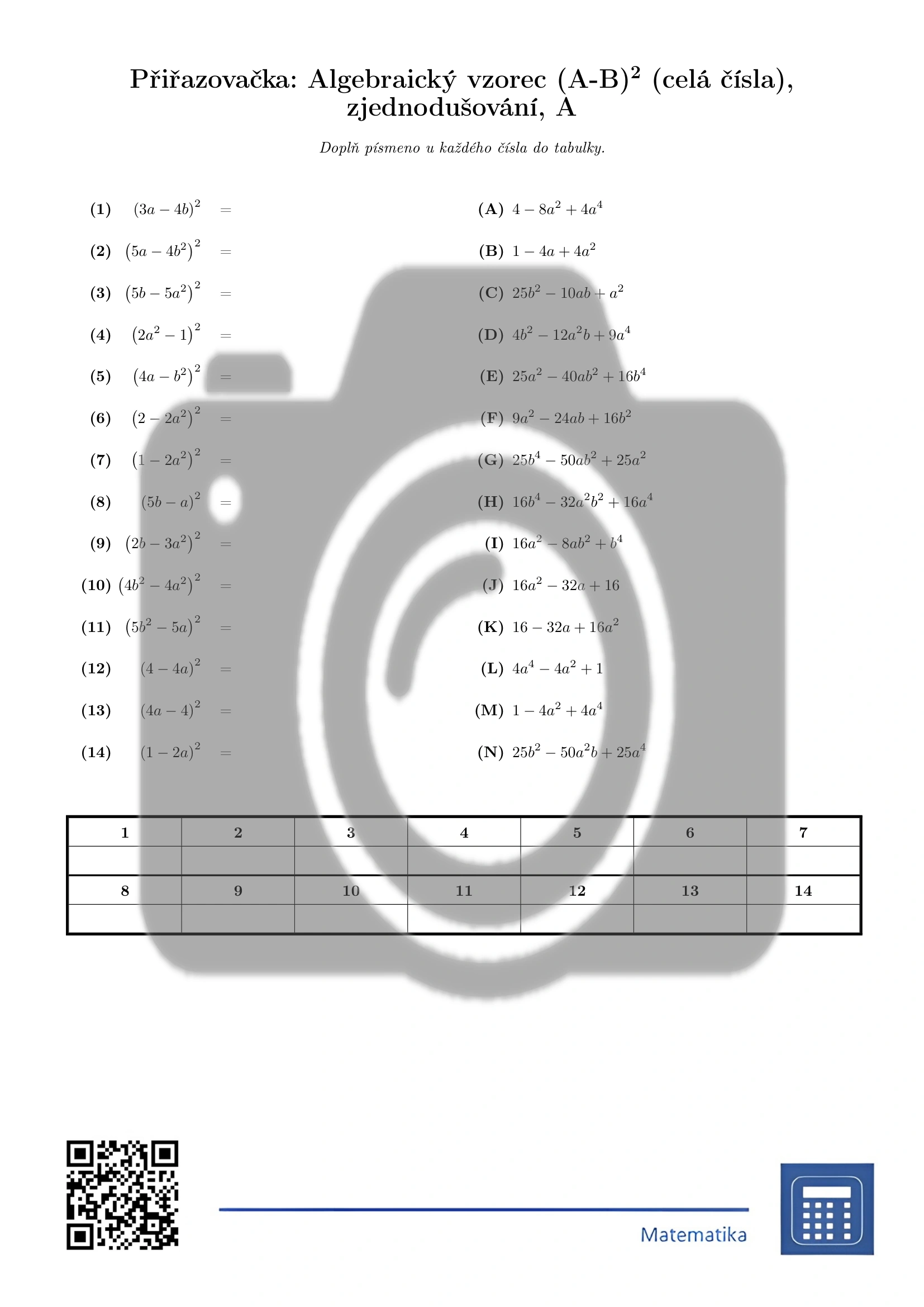 Přiřazovačka: Algebraický vzorec (A-B)² (celá čísla), zjednodušování - Obrázek 2