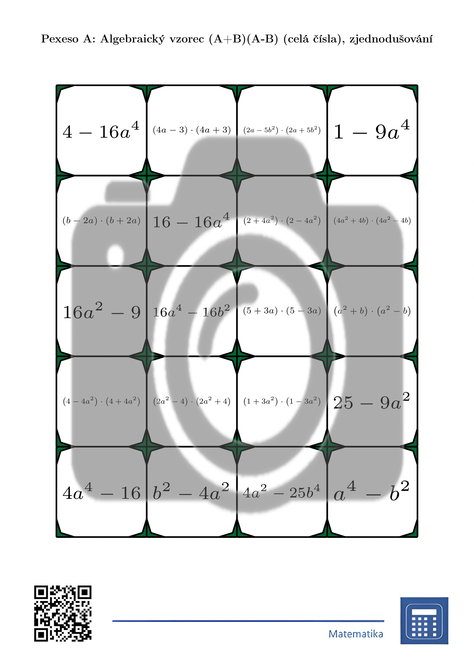 Pexeso: Algebraický vzorec (A+B)(A-B) (celá čísla), zjednodušování - Obrázek 2