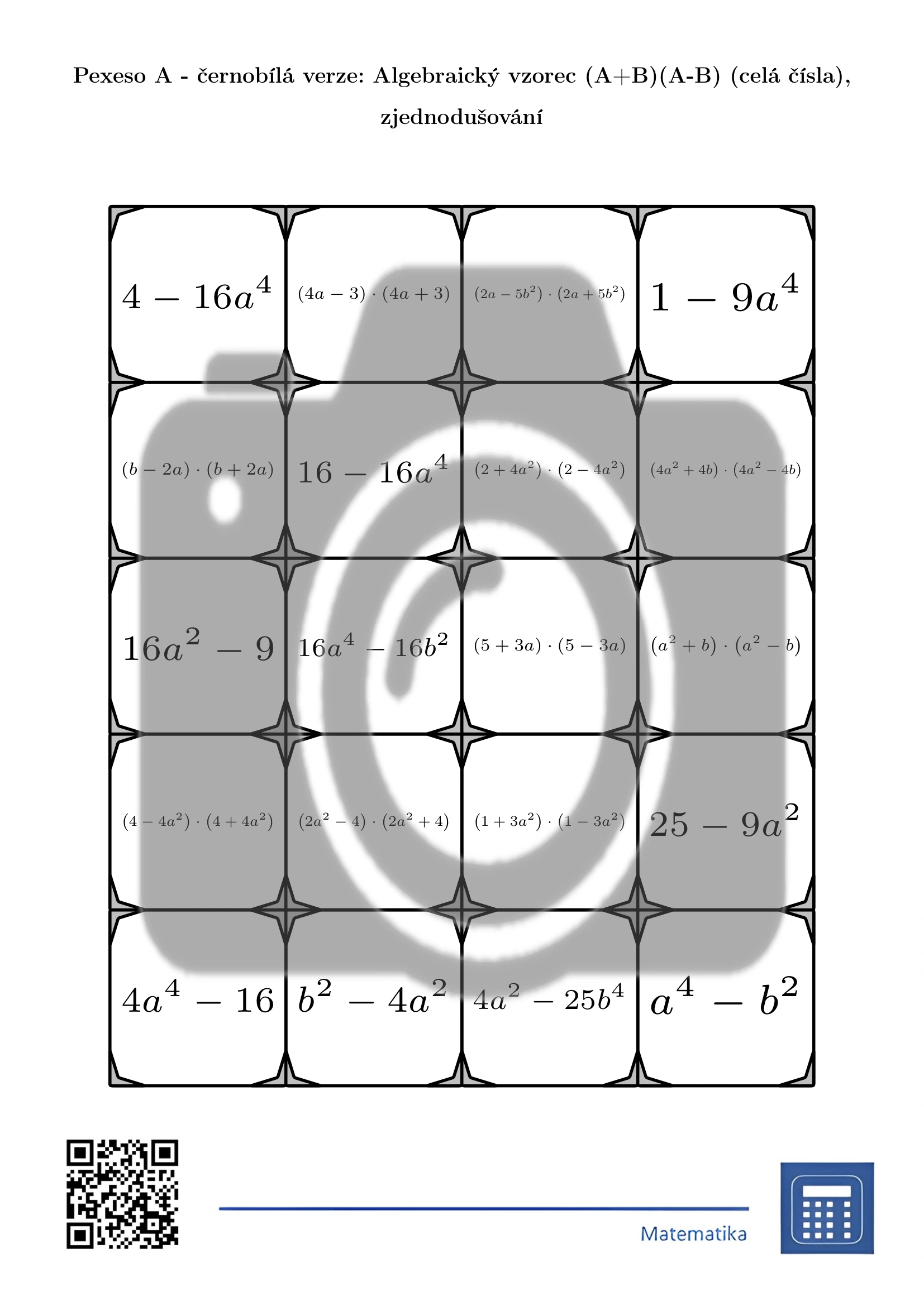 Pexeso: Algebraický vzorec (A+B)(A-B) (celá čísla), zjednodušování - Obrázek 3