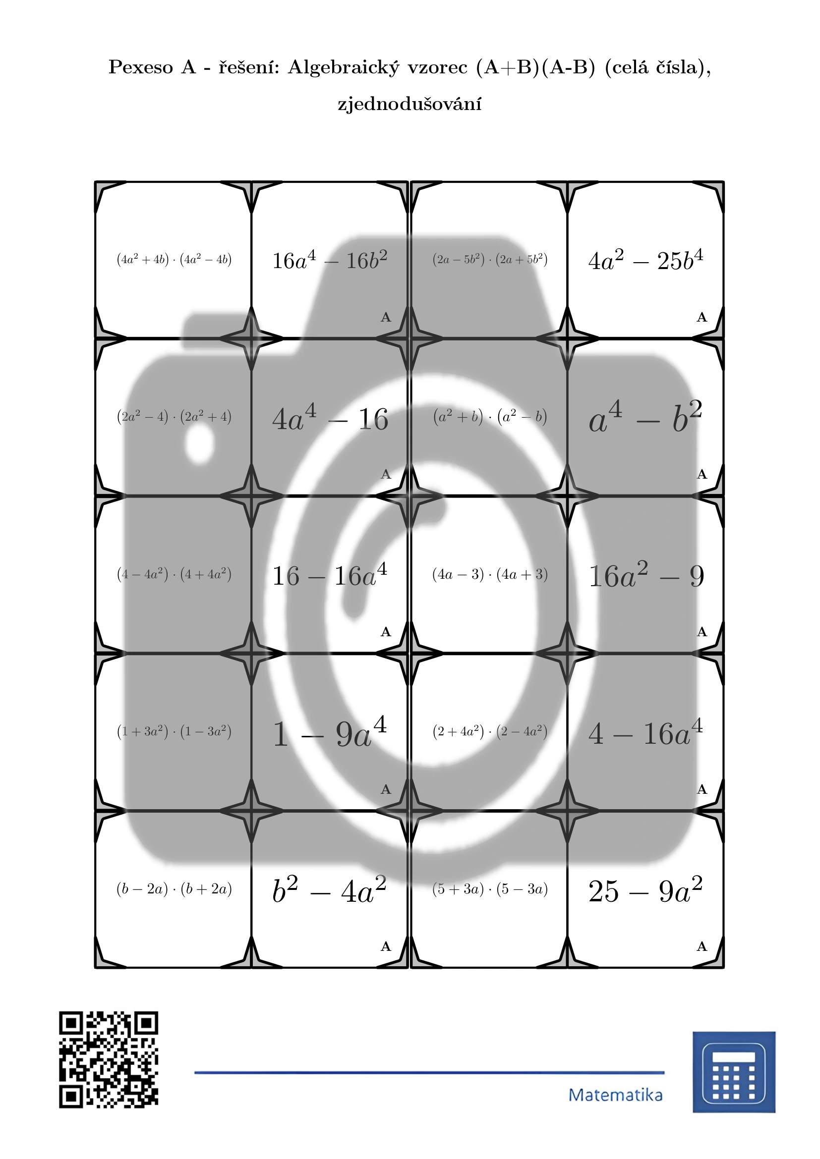 Pexeso: Algebraický vzorec (A+B)(A-B) (celá čísla), zjednodušování - Obrázek 4