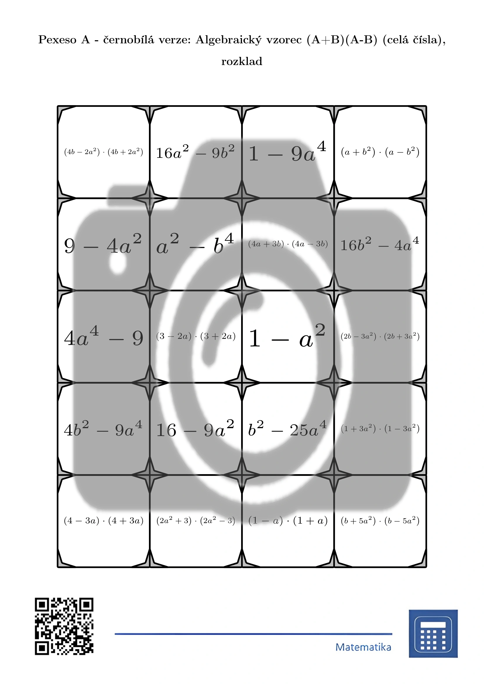 Pexeso: Algebraický vzorec (A+B)(A-B) (celá čísla), rozklad - Obrázek 3
