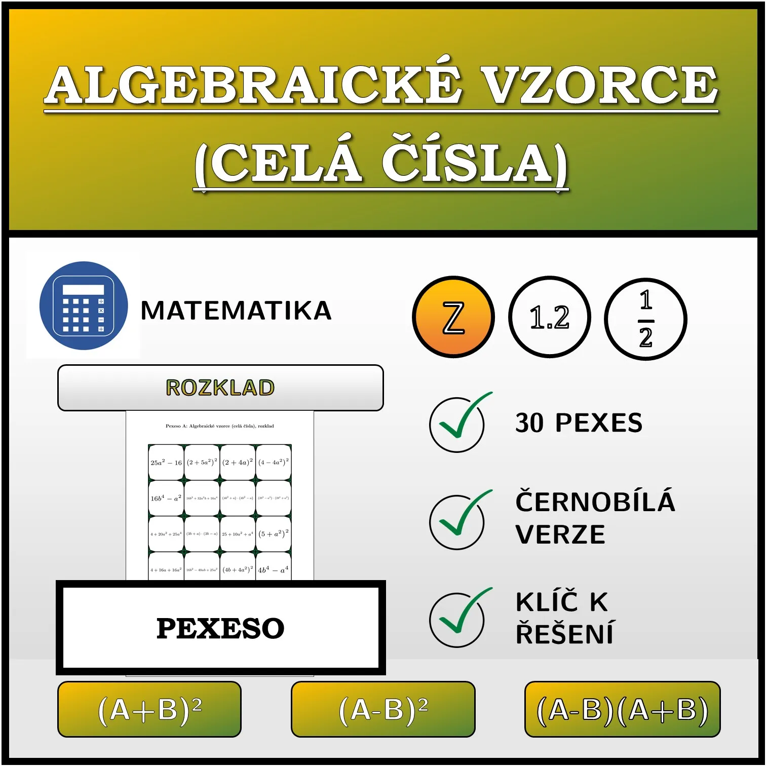 Pexeso: Algebraické vzorce (celá čísla), rozklad
