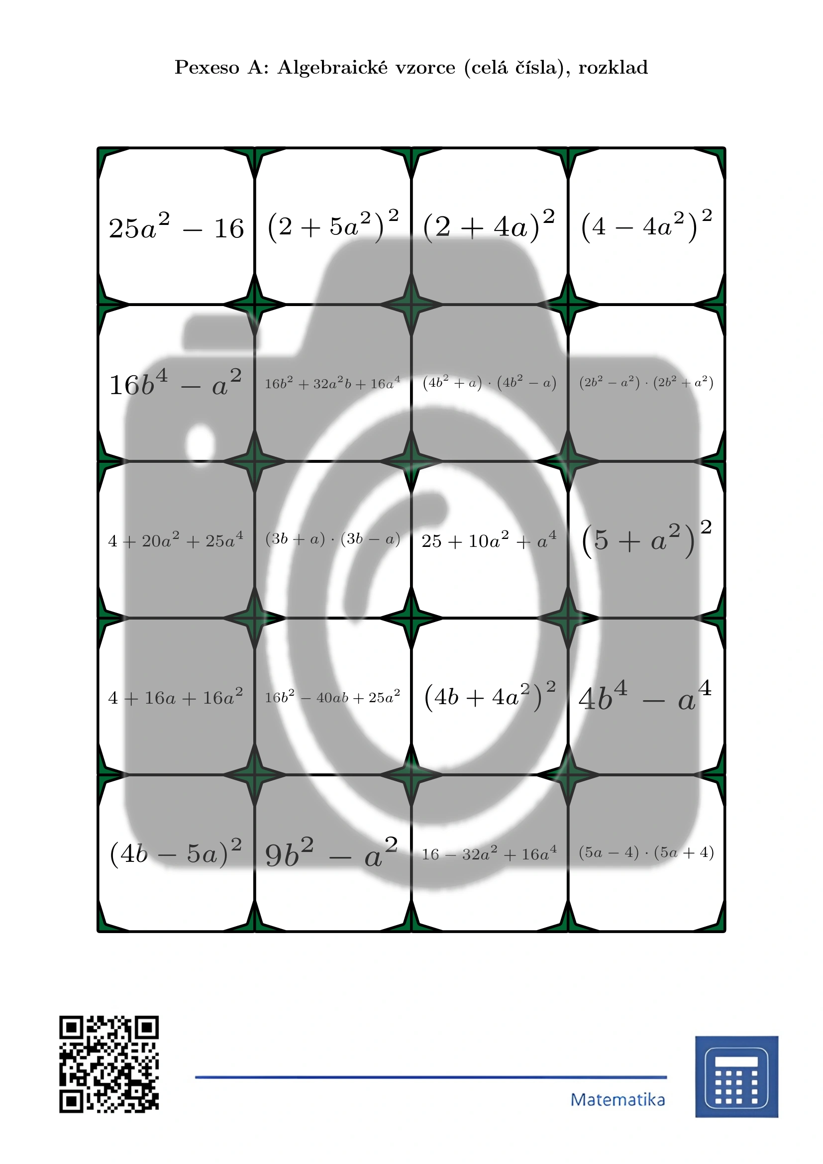 Pexeso: Algebraické vzorce (celá čísla), rozklad - Obrázek 2