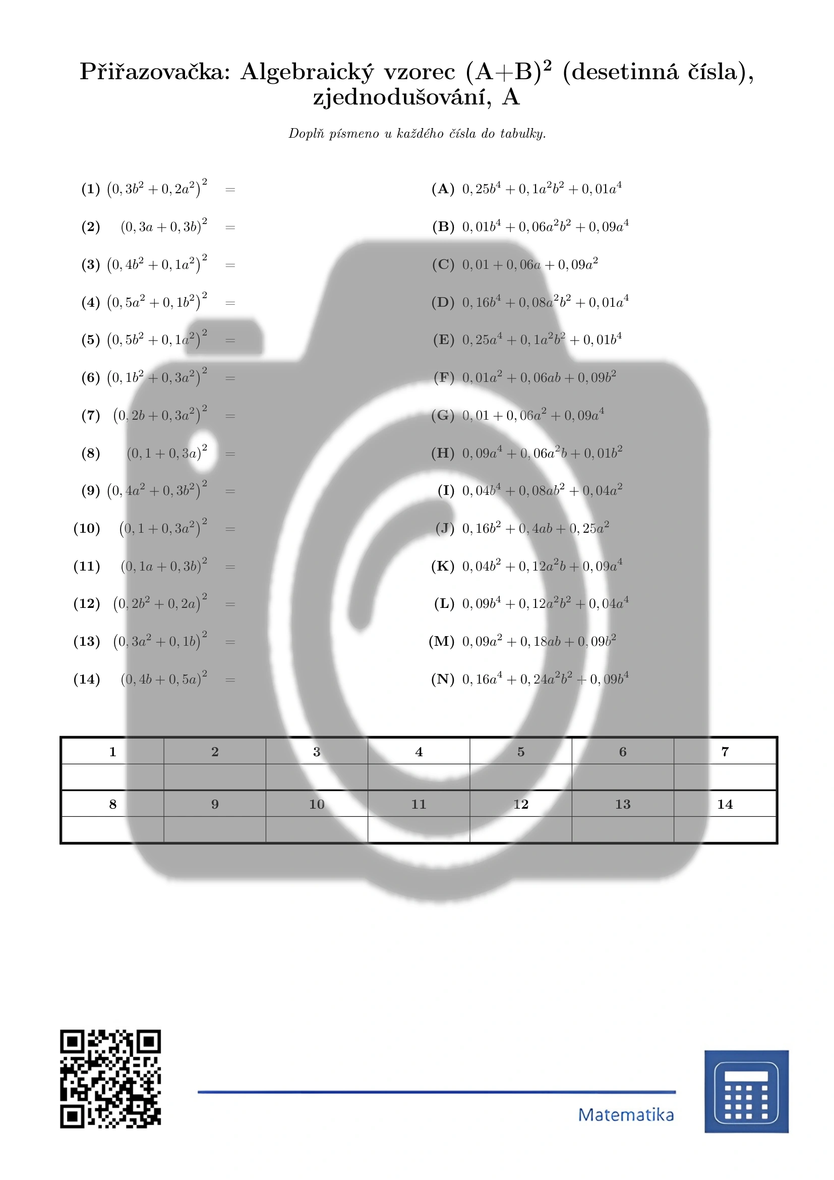 Přiřazovačka: Algebraický vzorec (A+B)² (desetinná čísla), zjednodušování - Obrázek 2