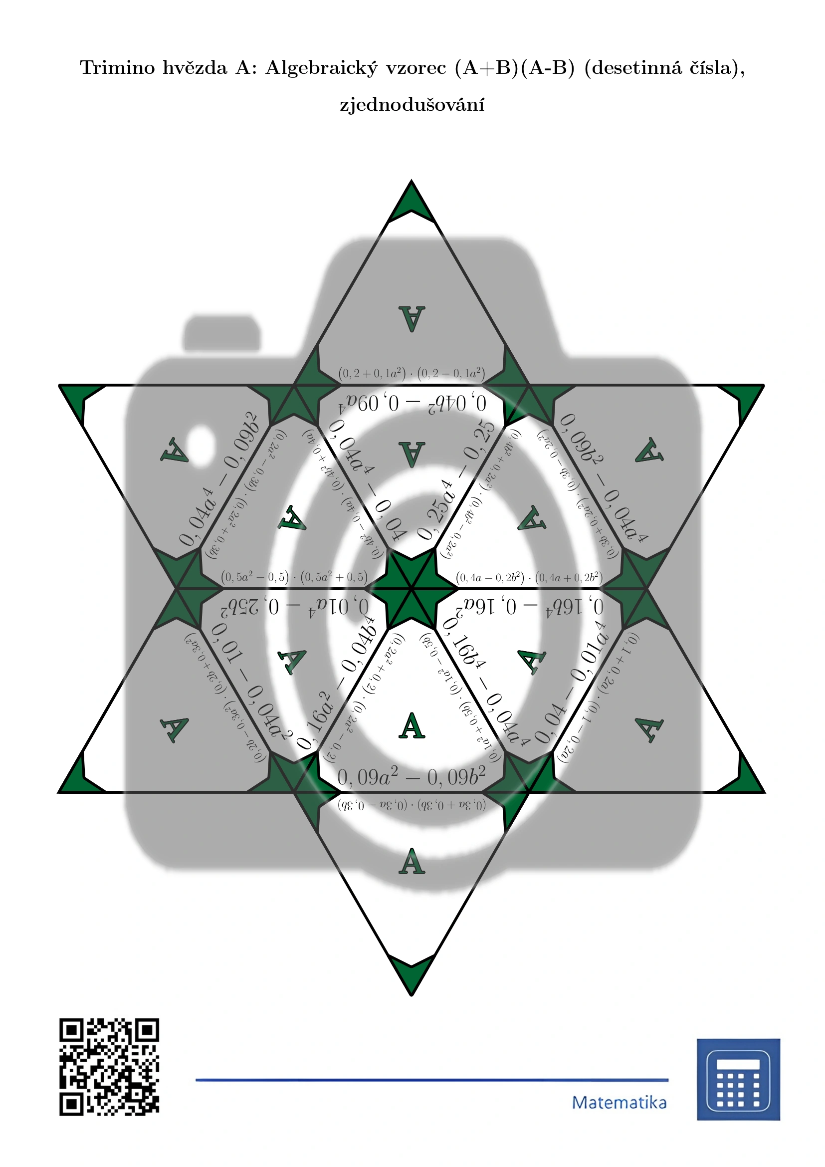 Trimino: Algebraický vzorec (A+B)(A-B) (desetinná čísla), zjednodušování - Obrázek 4