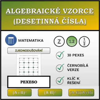 Pexeso: Algebraické vzorce (desetinná čísla), zjednodušování