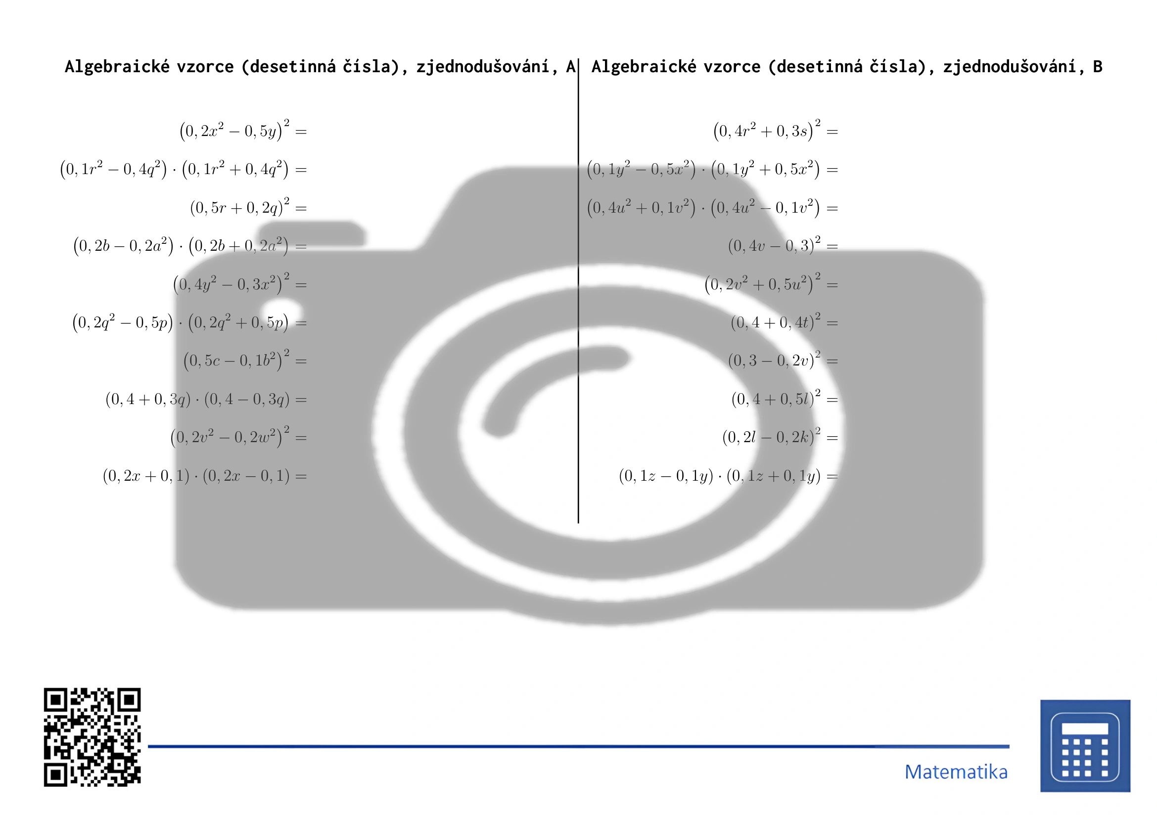 Pracovní list: Algebraické vzorce (desetinná čísla), zjednodušování - Obrázek 2