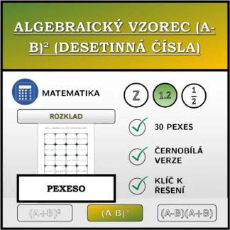 Pexeso: Algebraický vzorec (A-B)² (desetinná čísla), rozklad