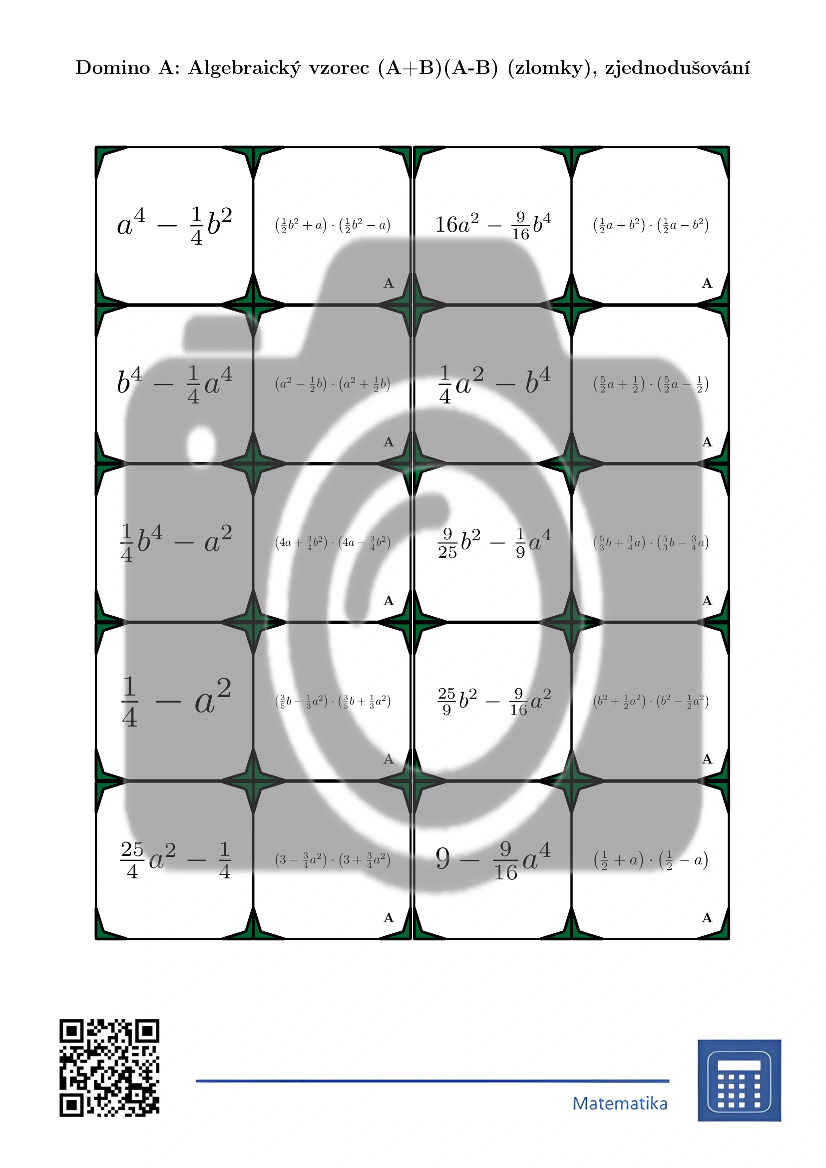 Domino: Algebraický vzorec (A+B)(A-B) (zlomky), zjednodušování - Obrázek 2