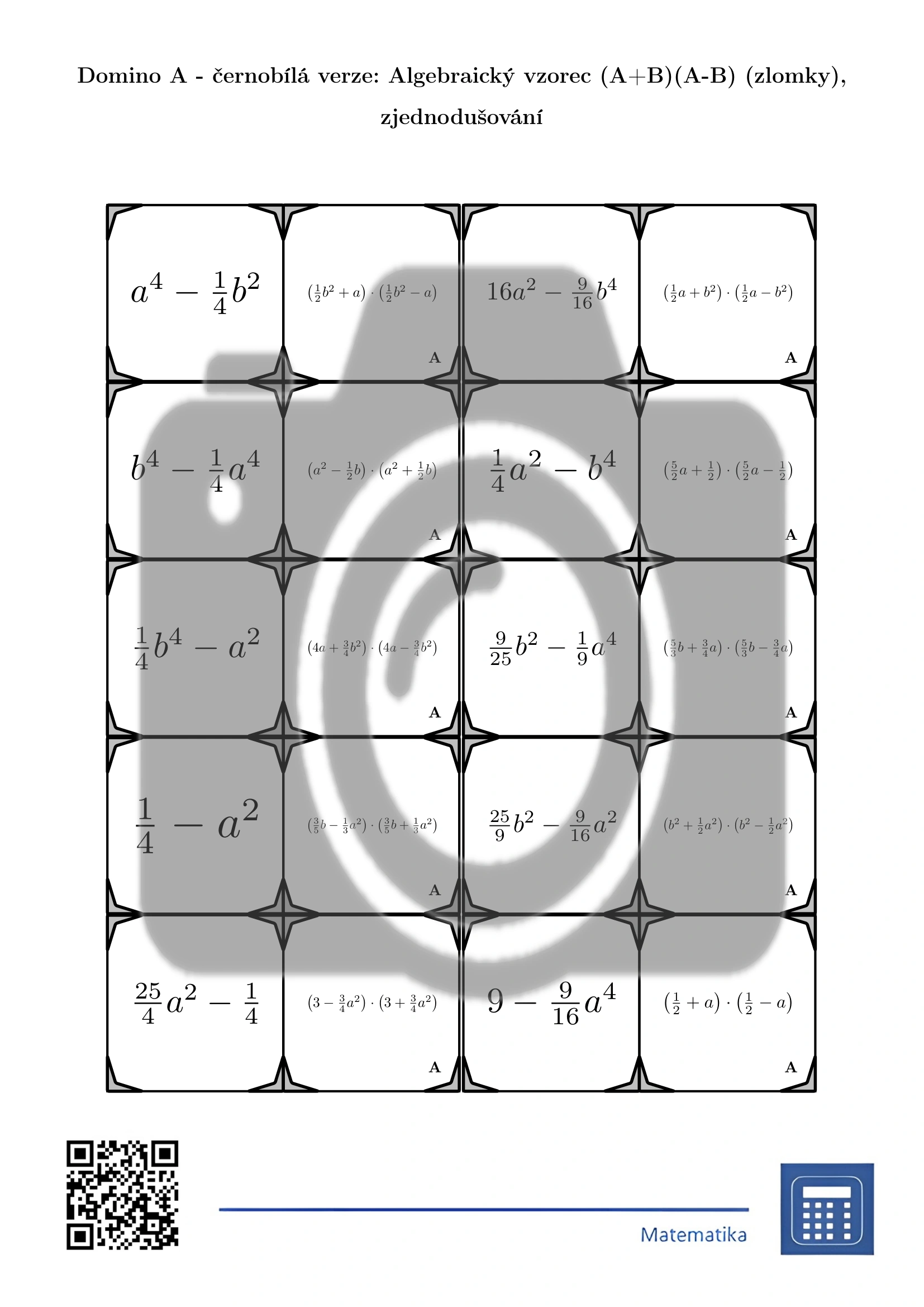 Domino: Algebraický vzorec (A+B)(A-B) (zlomky), zjednodušování - Obrázek 3