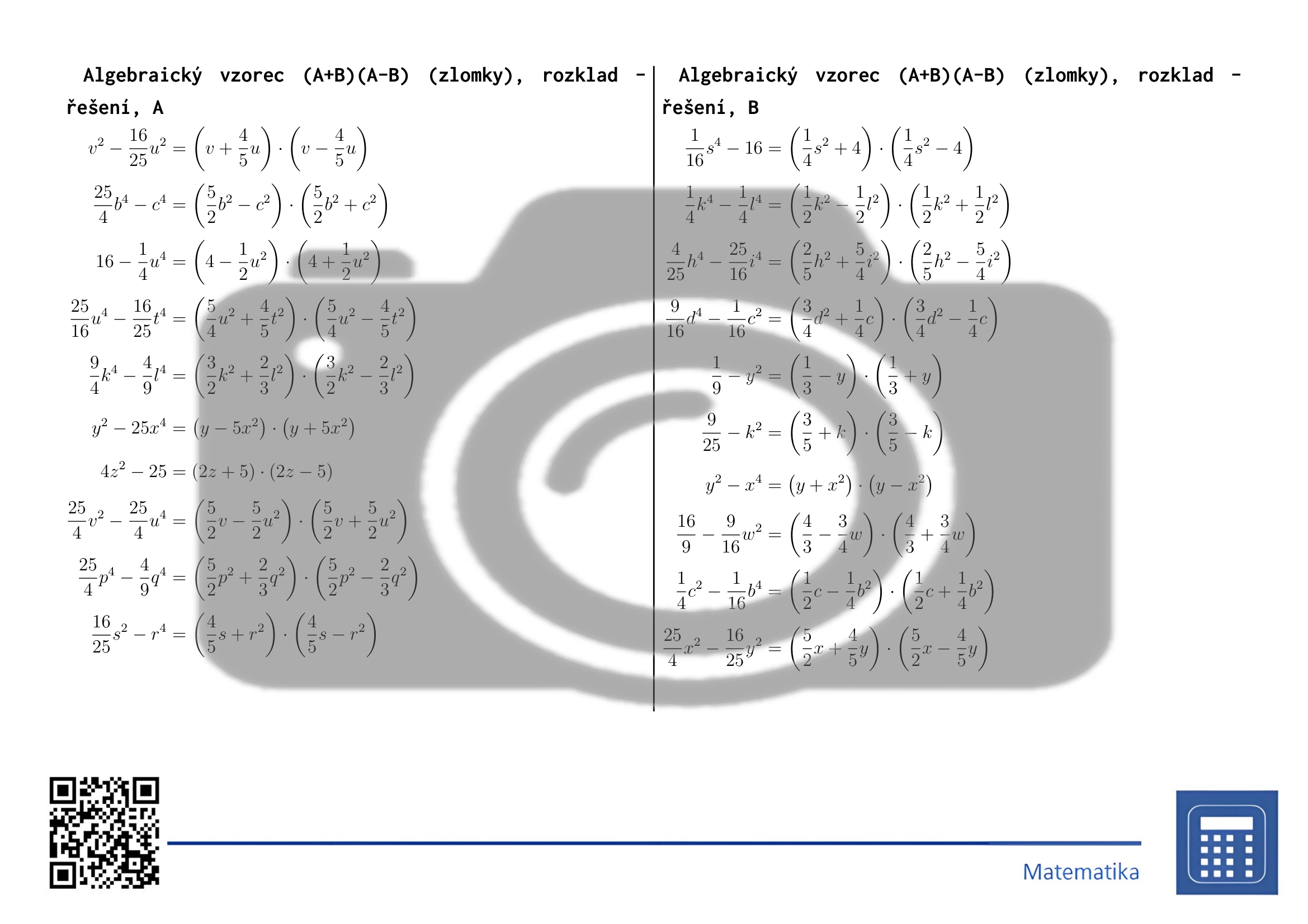 Pracovní list: Algebraický vzorec (A+B)(A-B) (zlomky), rozklad - Obrázek 4