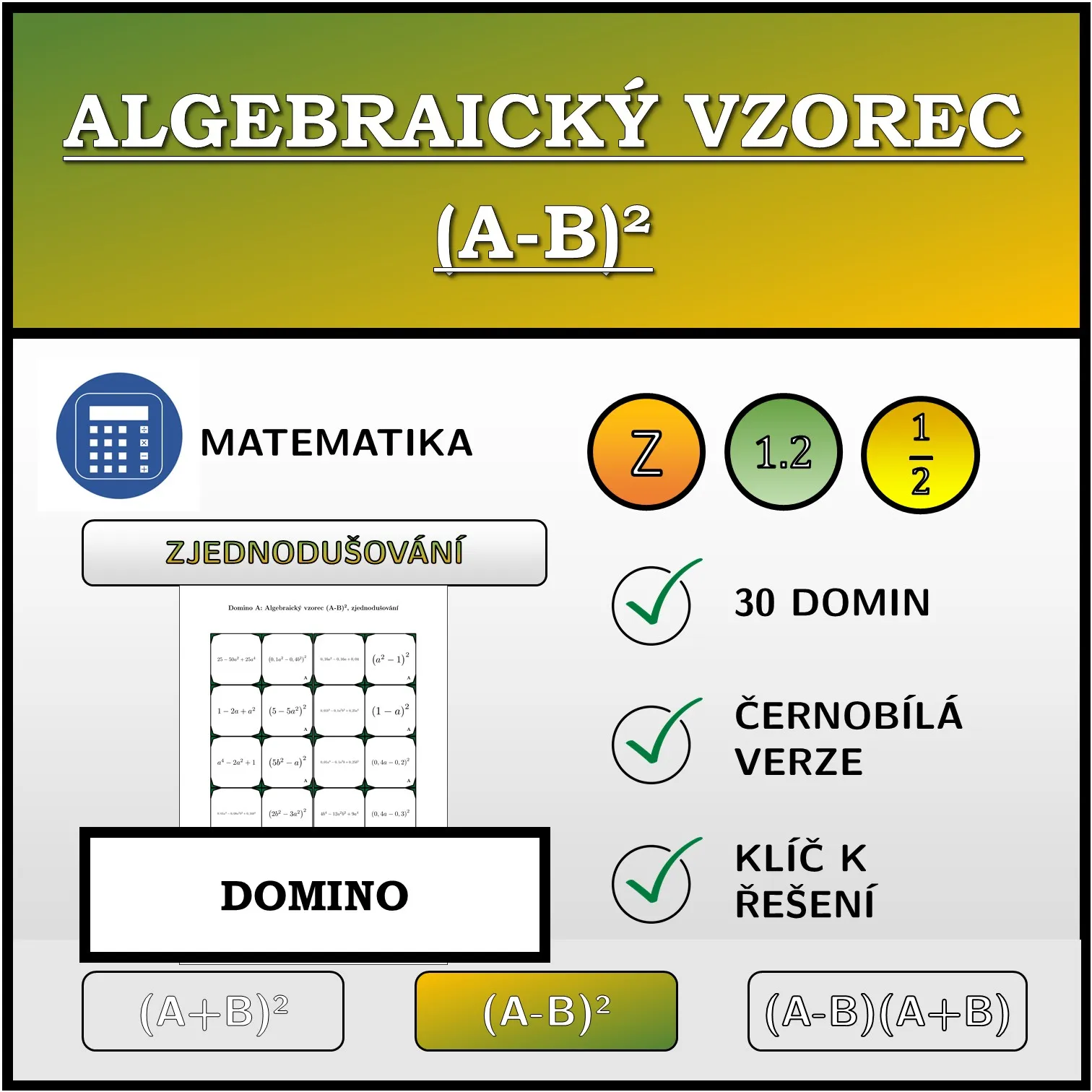 Domino: Algebraický vzorec (A-B)², zjednodušování