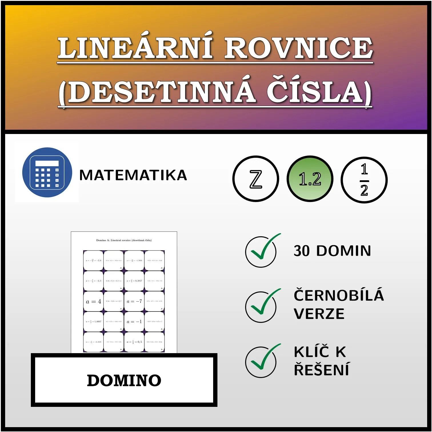 Domino: Lineární rovnice (desetinná čísla)