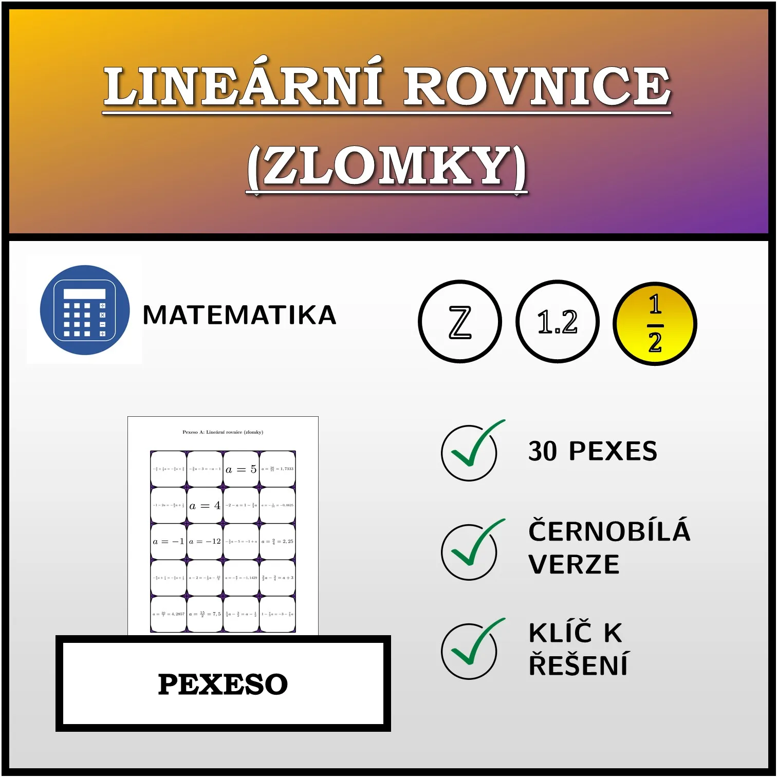 Pexeso: Lineární rovnice (zlomky)
