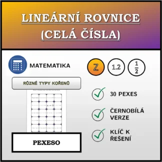 Pexeso: Lineární rovnice (celá čísla), různé typy kořenů