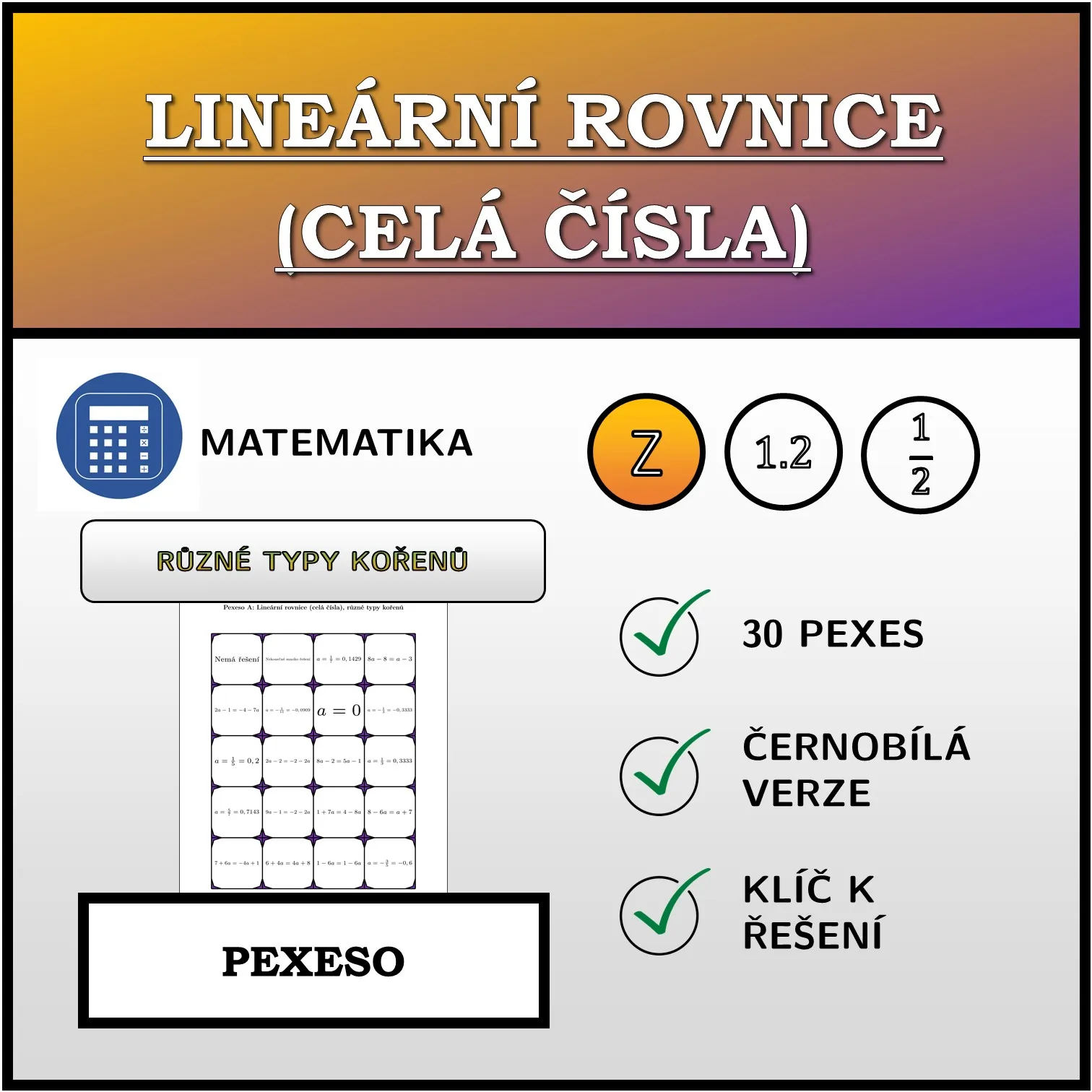 Pexeso: Lineární rovnice (celá čísla), různé typy kořenů
