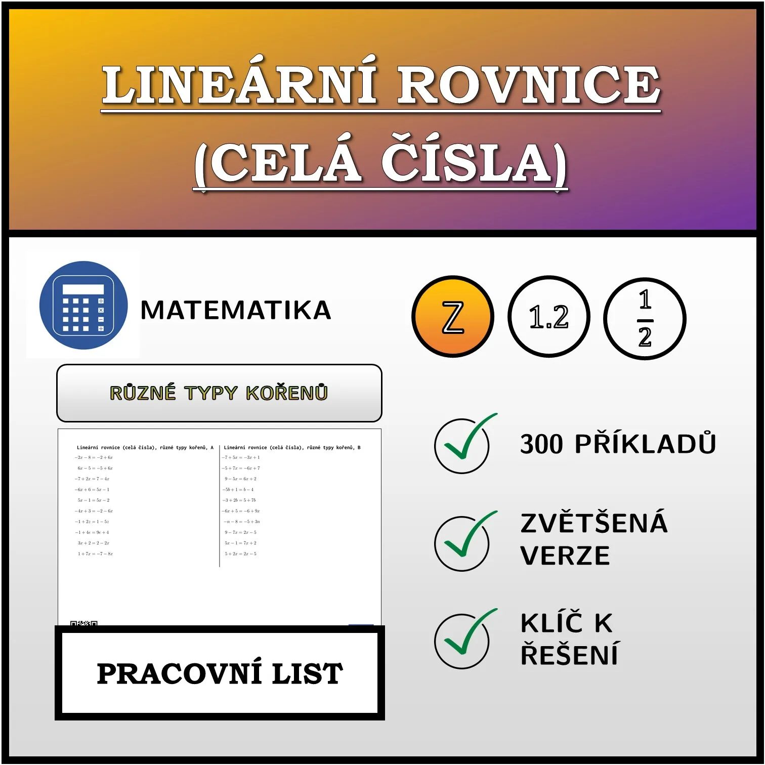 Pracovní list: Lineární rovnice (celá čísla), různé typy kořenů