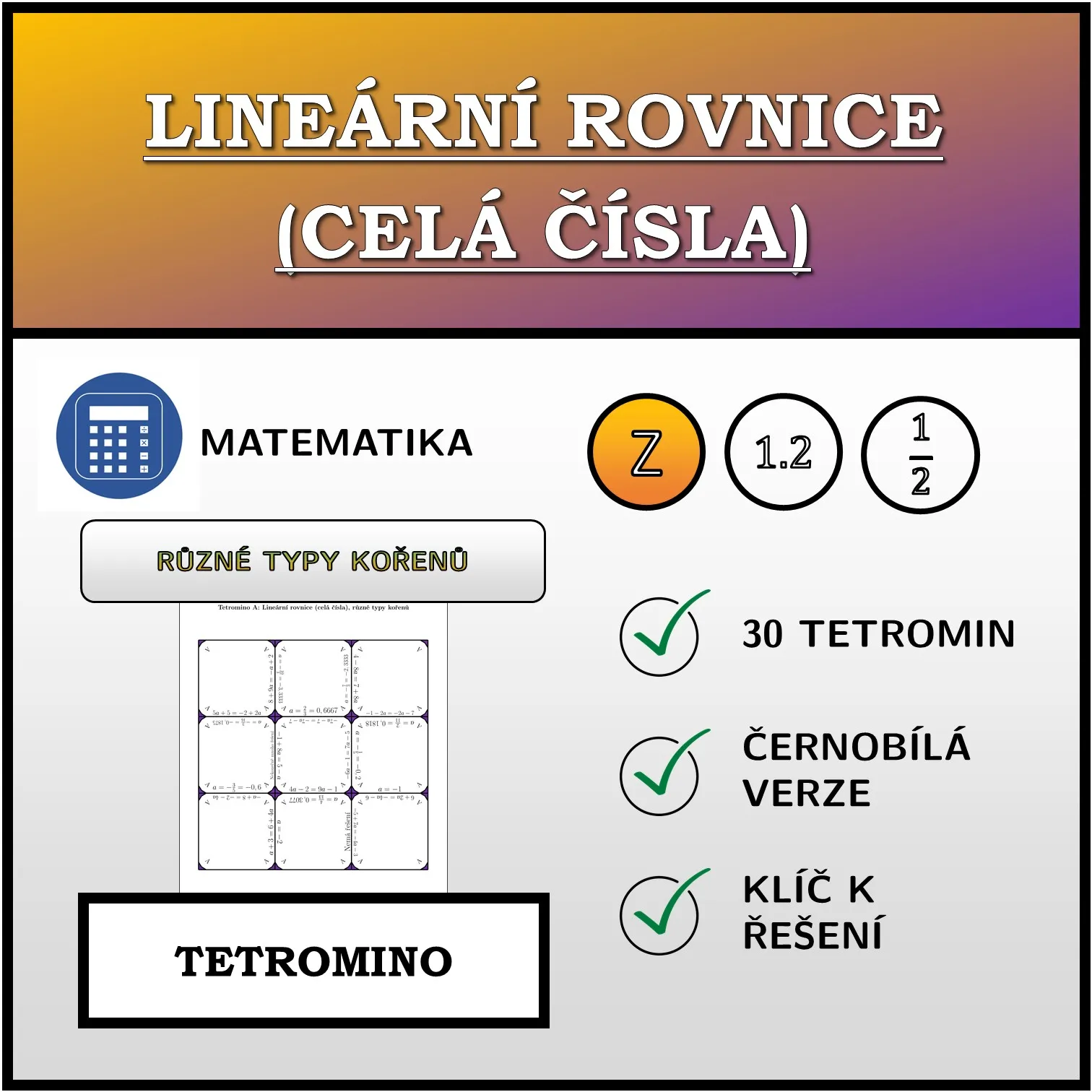 Tetromino: Lineární rovnice (celá čísla), různé typy kořenů