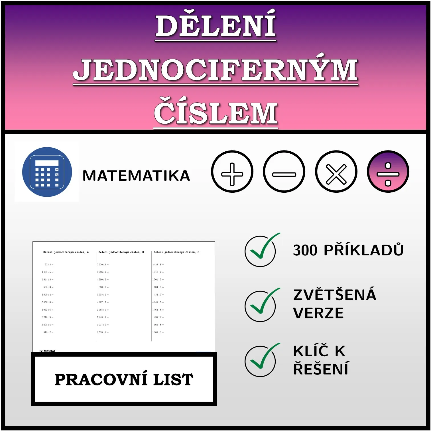 Pracovní list: Dělení jednociferným číslem