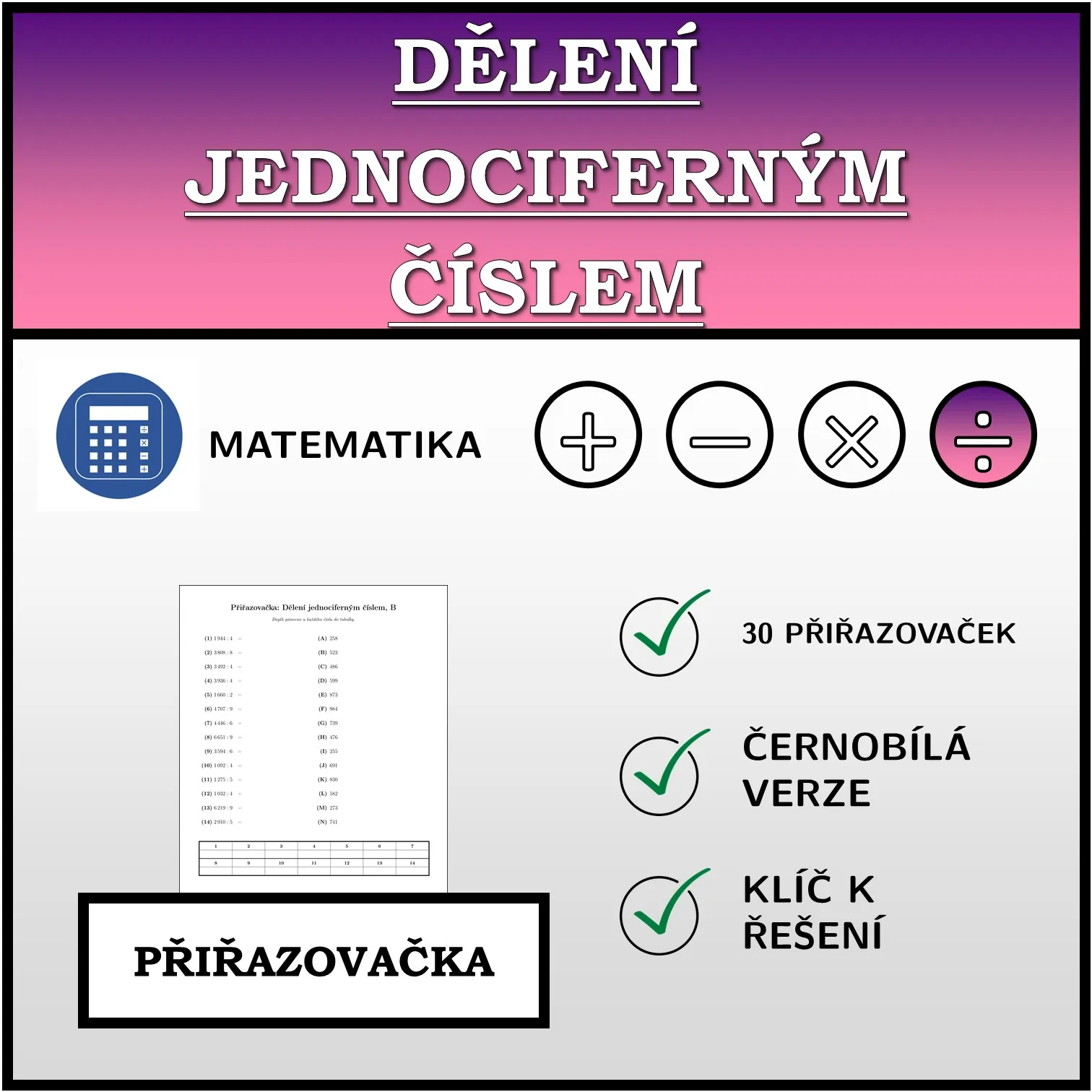 Přiřazovačka: Dělení jednociferným číslem