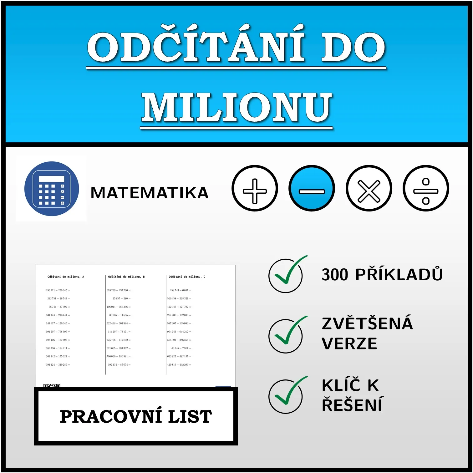 Pracovní list: Odčítání do milionu