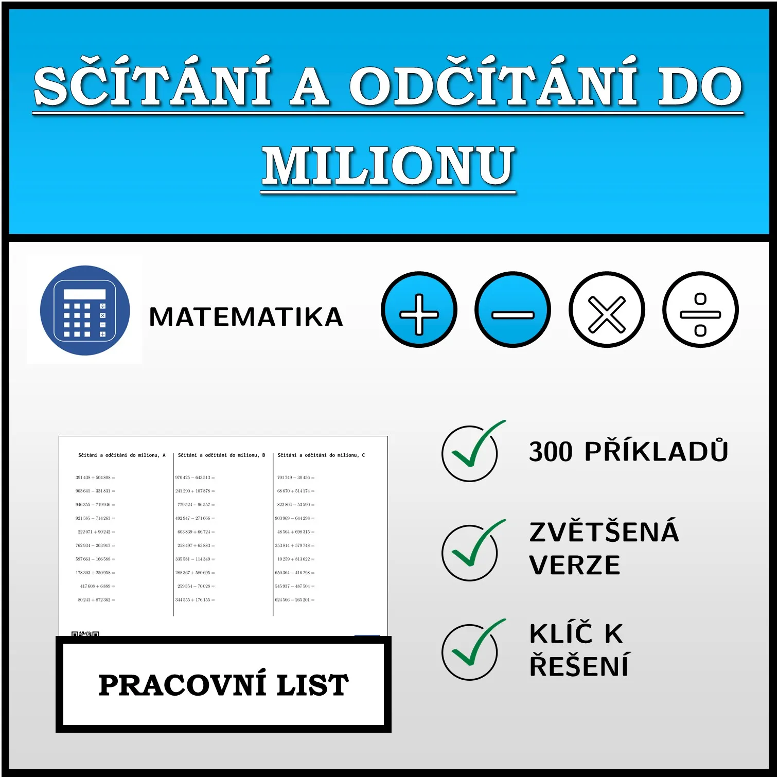 Pracovní list: Sčítání a odčítání do milionu