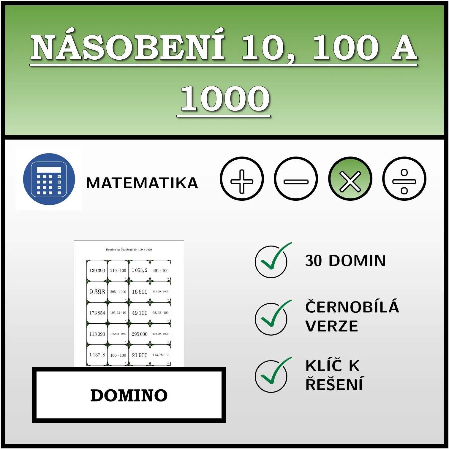 Domino: Násobení 10, 100 a 1000