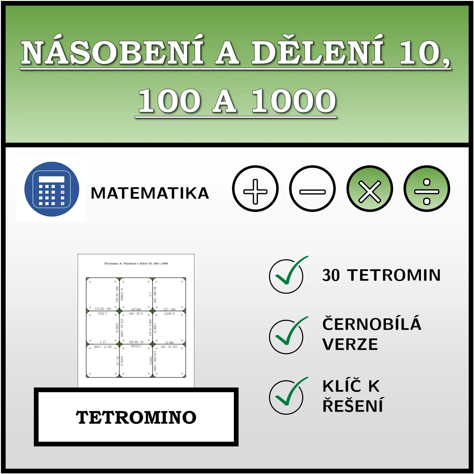 Tetromino: Násobení a dělení 10, 100 a 1000