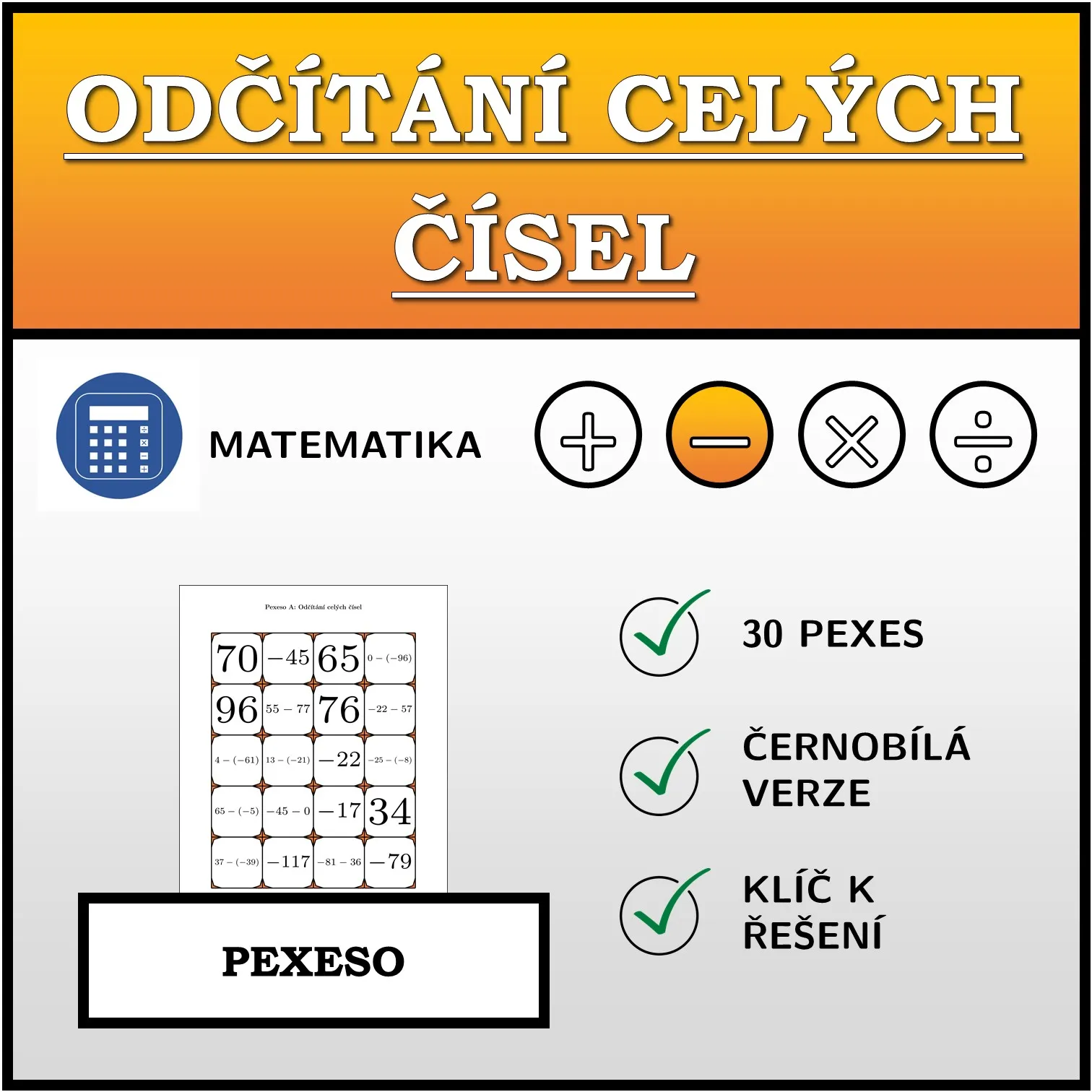 Pexeso: Odčítání celých čísel