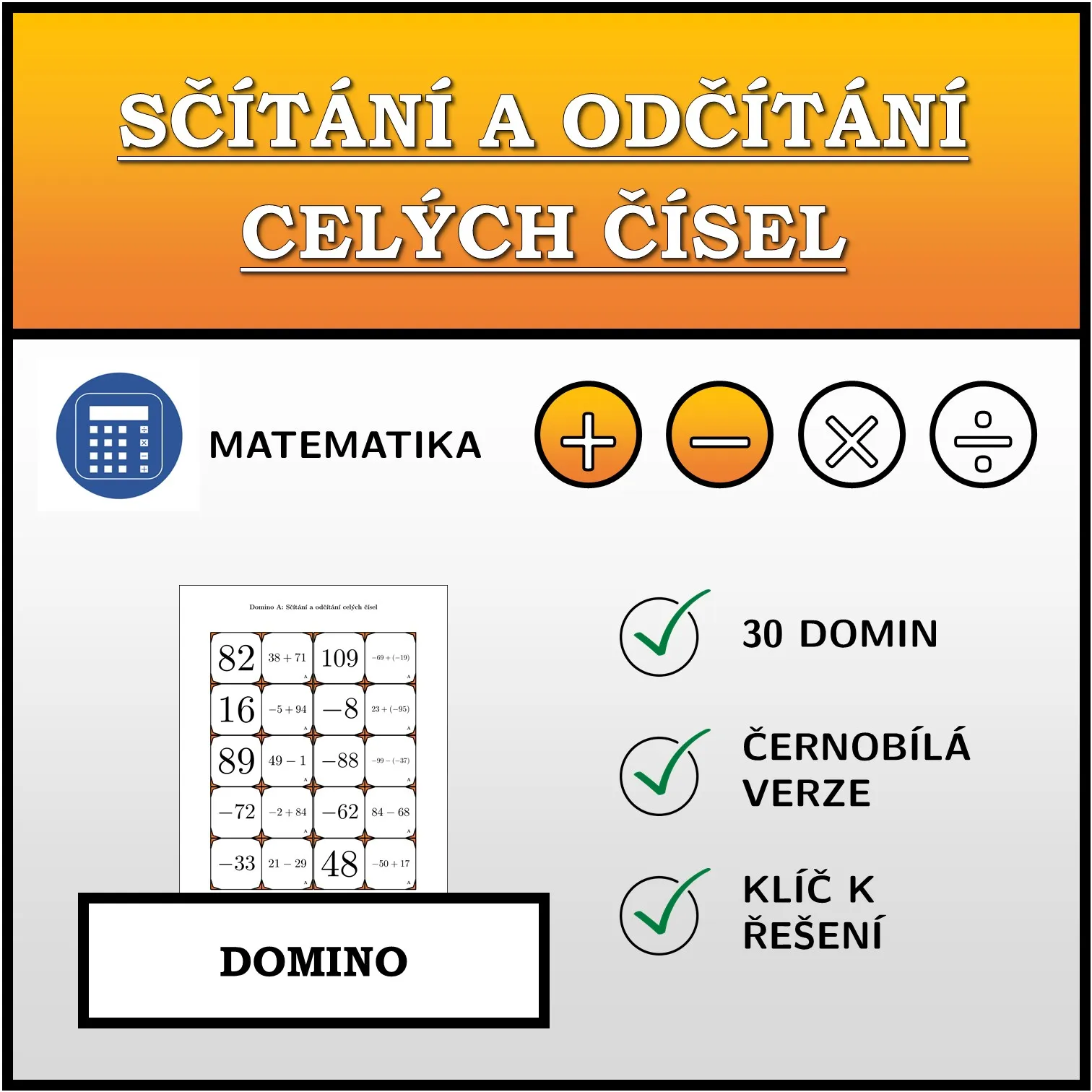 Domino: Sčítání a odčítání celých čísel