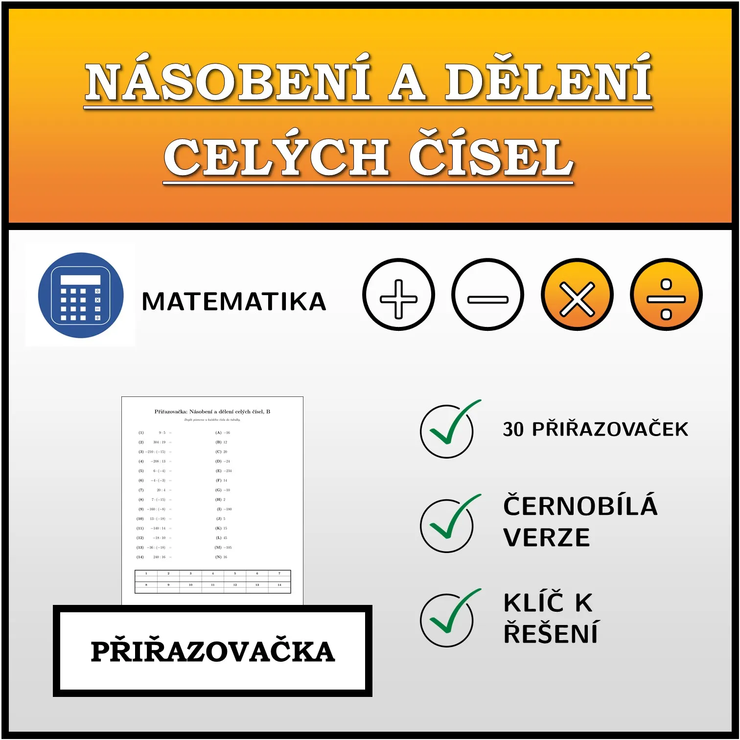 Přiřazovačka: Násobení a dělení celých čísel